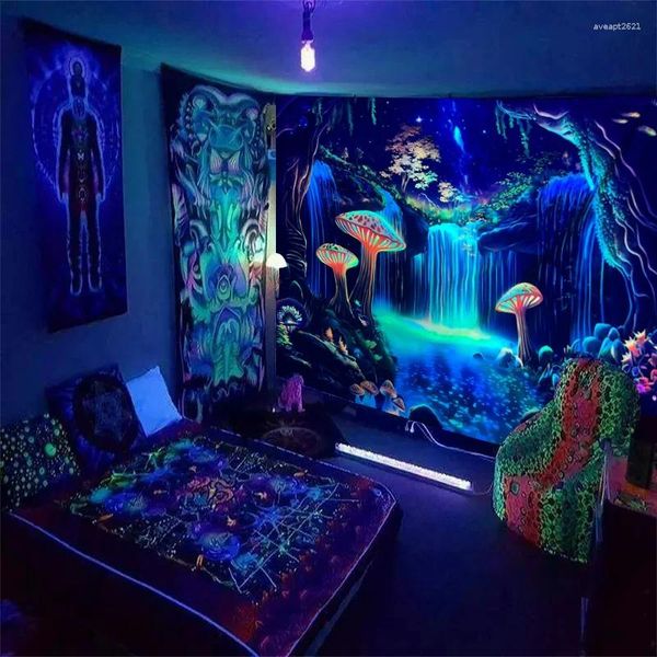 Tapisseries 1pc fluorescent fantasy champignons forêt tapisserie uv cascade réactive paysage ciel étoilé