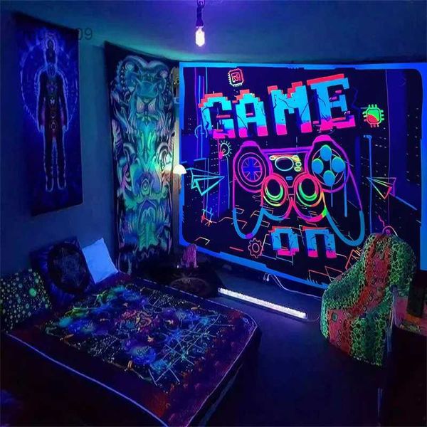 Tapisseries 1pc jeu fête tapisserie fluorescente ultraviolet noir lumière tapisserie chambre dortoir décoration de la maison tenture murale