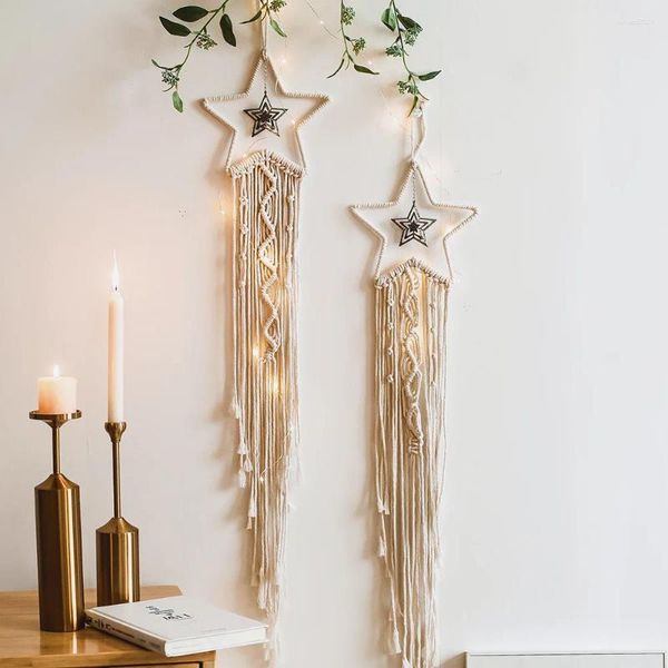 Tapices 2024 Decoración de estrellas nórdicas Macrame Tapiz Colgante de pared Bohemio Hecho a mano Acentos de punto Arte Boho Decoración del hogar