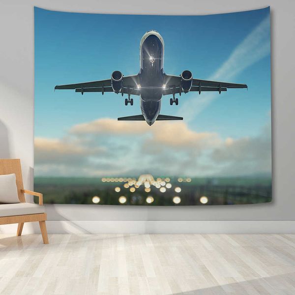 Tapices 3D Avión Puesta de sol Tapiz Avión Pista Tapices para colgar en la pared Gran avión de pasajeros Manta de pared para decoración del dormitorio del hogar