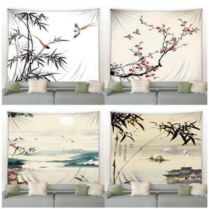 Tapisseries 3D Encre de Chine Bambou Tapisserie Oiseaux Fleurs Rouges Eau De Montagne Paysage Naturel Dortoir Salon Tenture Murale Noir 230725