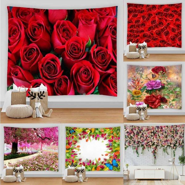 Tapisseries 3d imprimées belles fleurs tapisserie rouge mur rose pending paysage art asthétique décor de chambre tapisserie décoration de chambre à coucher de maison