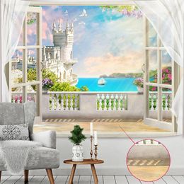 Tapestries 3D Window Sea Home Decor Wall Fabric Castle Bloemen