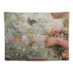 Tapisseries Une peinture de femme dans un jardin de fleurs avec 2 papillons chambre tapisserie décor esthétique des choses mignonnes