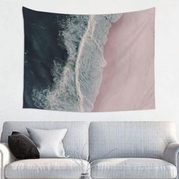 Tapisseries aérien océan plage imprimé sable rose s'écrasant les vagues de voyage en mer bleu foncé pographie tapisserie