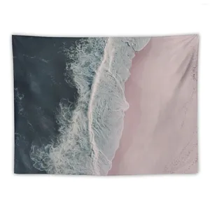 Tapisseries aérien océan plage imprimé sable rose s'écrasant les vagues de voyage en mer bleu foncé tapisserie sur le mur