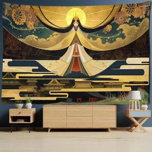 Tapestries Oude Japanse heiligdom Godin Tapijt Sun Maan Moon Japan Traditional Art Wall Hangende thuisdecoratie slaapkamer woonkamer