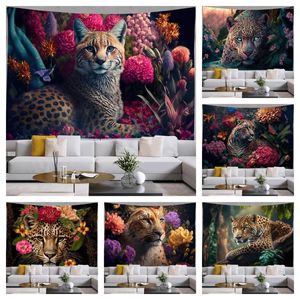 Tapisseries Tapisserie de tigre animal Léopard avec fleurs Tenture murale Papillon Bohême Décoration de pièce esthétique Couverture Décoration de chambre à coucher