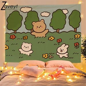 Tapestries anime cartoon beer kawaii grasen bos landschap tapijt Tapijt fris simple dierenplant kinderen meisje kamer achtergrond doek