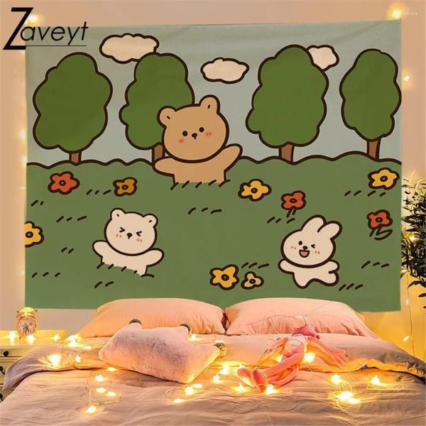 Tapisseries anime dessin animé ours kawaii graminées forestier paysage tapisserie fraîche de plante animale simple