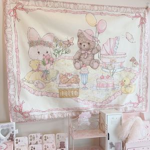 Tapisseries anime mignon ours fond tissu chambre décor Kawaii rose tapisserie adolescent affiches et impressions jardin pour l'extérieur 230714