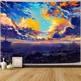 Tapades décors anime tapisserie art peinture du soleil nuage nuage lac orange et esthétique bleue pour le salon de la chambre à coucher
