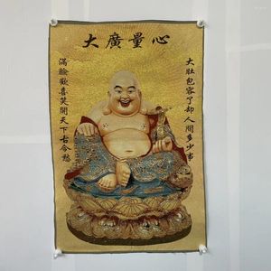 Tapestries Antiek Tangka -borduurwerk Big Belly Glimlachende Maitreya Boeddha -standbeeld Home Decoratie Hangende foto