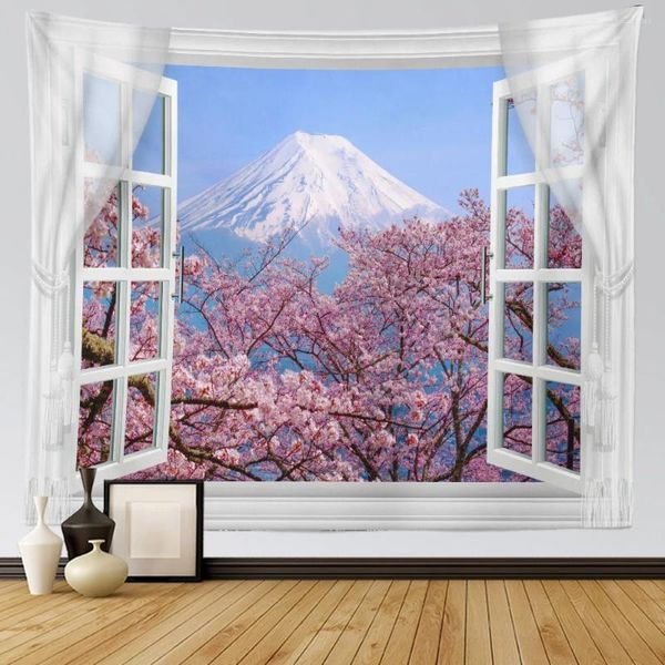 Tapisseries Art bohème tapisserie tissu fenêtre Sakura colline Hippie Kawaii décoration de chambre décorative