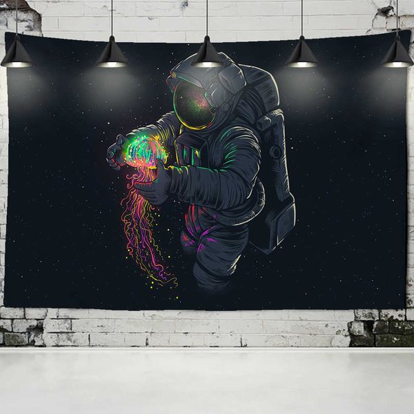Tapices de pared de astronauta con fondo negro, medusas de Color, tapiz de cielo interestelar, decoración de dormitorio Hippie de pared