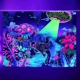 Tapices Astronautas UV Fluorescente Tapestería Hippie Black Light Sking Tapestry Pared colgante para la decoración del dormitorio R230812