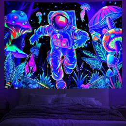 Tapisseries d'astronautes fluorescentes UV, Hippie, lumière noire, crâne scintillant, tenture murale pour décoration de chambre à coucher