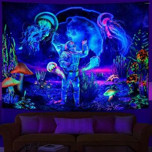 Wandtapijten Astronauten UV-fluorescerend tapijt Zwart licht Esthetische muuropknoping Hippie voor slaapkamer Indie Room Decor