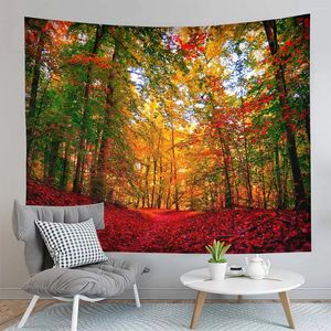 Tapices Otoño Bosque Tapiz Rojo Hojas caídas Paisaje natural Hogar Sala de estar Dormitorio Decoración Fondo Tela