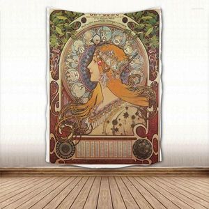 Tapestries Mooie Alphonse Mucha Tapestry Wall Hangende stof Art Home Decoratie Slaapkussen Tapijten Dorm Decor