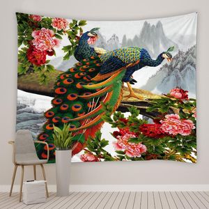 Tapices Hermosos pájaros Tapiz Pavo real Peonía Flor Planta Mariposa Tela de poliéster Sala de estar Dormitorio Dormitorio Decoración de cabecera Paño