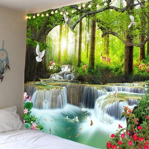 Tapestries Beautiful Natural Forest Waterfall Printed Large Wall Tapestry Sea View Hippie Bohemian Mandala Home Room Decor Tapiz