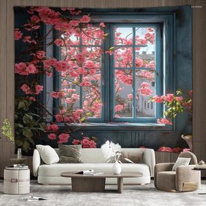 Tapestries Mooie buitentuin Tapestry Vintage raamwand groeit vol met bloeiende planten slaapzaal binnenshuis slaapkamer decor muurschildering