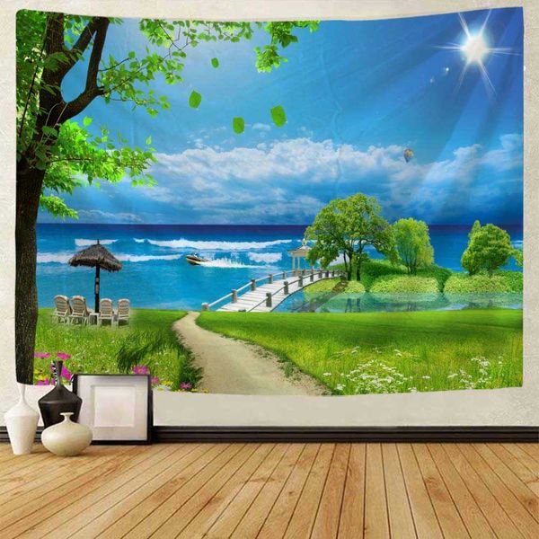 Tapisseries Beau paysage tapisserie tenture murale fleurs arbre mer art décoration style maison