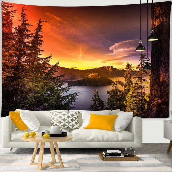 Tapisseries Magnifique coucher de soleil paysage tapisserie murale montagne mer plage paysage tapisserie suspendue maison chambre décor forêt murale