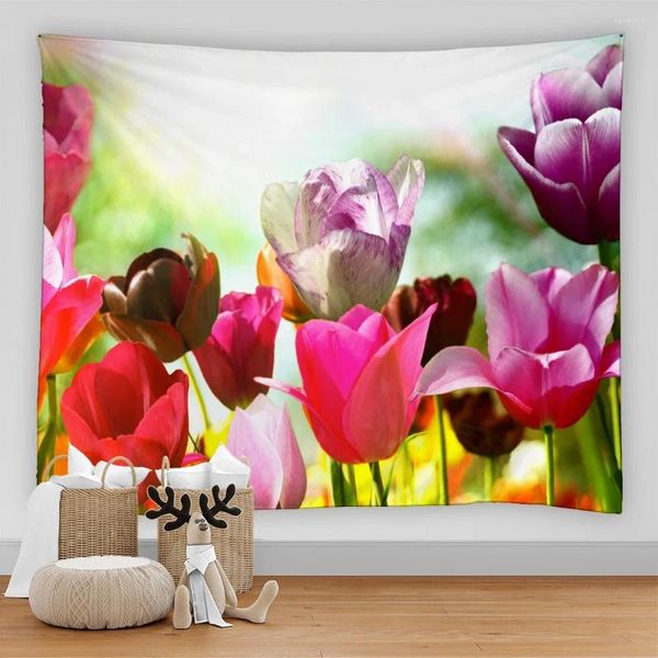 Tapisseries belles tulip tapisserie art asthétique décor de chambre 3d fleurs fraîches papillon mur de jardin suspendu home chambre vie