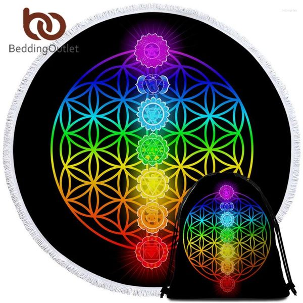 Tapices Beddingingoutlet Chakra Redonda Toalla de playa Tema Zen Mostora de yoga Colorida Manta de verano Flor de vida Geométrica Servietete