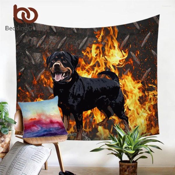 Tapisses Beddingouttlet Rottweiler tapisserie 3D Tapis mural imprimé pour animaux pour le salon Fire Dog Hanging Decor 150x200cm