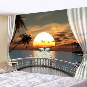 Tapices Decoración De Dormitorio Tapiz Estético Ventana De Imitación 3D Bosque Lago Paisaje Colgante De Pared Hogar Sala De Estar Dormitorio Linda Manta