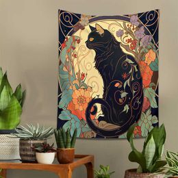 Tapisseries murales suspendues avec chat noir, Rose et rayon de soleil, Art Nouveau, Art mural Floral, cadeau pour amoureux des chats, décoration de maison