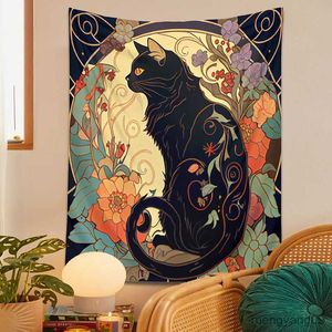 Tapices Cat de negro Tapestry Wall Hanging Rose and Sunbeam Art Nouveau Floral Wall Art Lovers Regalo Home Decor R230812