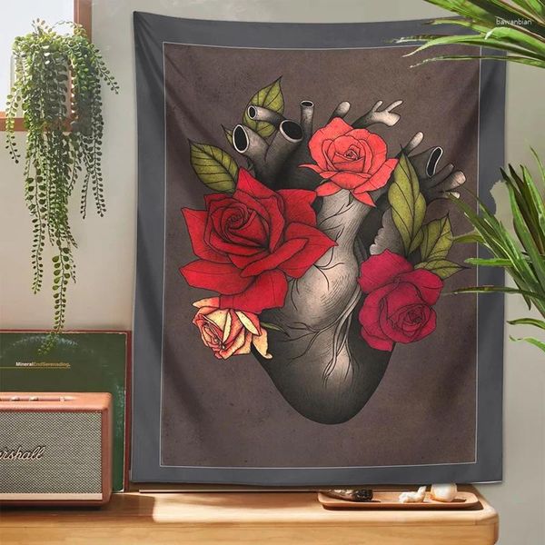 Tapices de corazón Black Heart Roses Tapestry All Hanging Anatomical Dark Art Gothic Hippie Sala de estar Pared de dormitorio