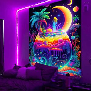 Tapisseries Lumière noire psychédélique champignon forêt tapisserie UV réactive lune arbre plantes esthétique tenture murale chambre décor à la maison