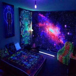 Tapisseries Black Light Tapestry uv réactif étoilé ciel arbre de vie mural esthétique suspendu pour dortoir de chambre à coucher décor de chambre indie r230812