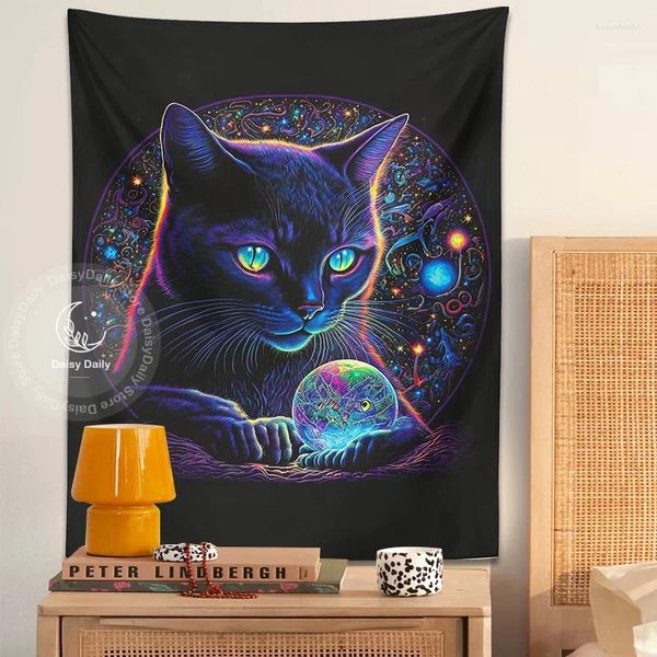 Tapisseries Blacklight Cat Tapisserie Trippy Magic Black regardant dans sa boule de cristal Boho Art Style Décor Maison pour mur de salon