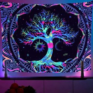 Tapisseries Blacklight Tree of Life Tapestry Sun Moon Stars Galaxy Colorful Hippie Bedroom Dormor décor de mur esthétique