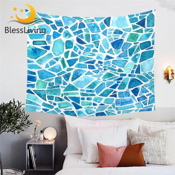 Tapices de bendición de piedra azul Tapiz de piedra colgante acuarela de acuarela alfombra decorativa cama geométrica colchoneta de cama mosaic