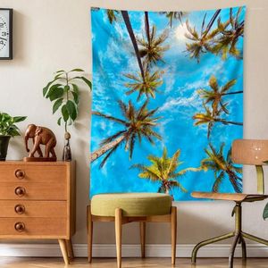 Wandtapijten Blauwe Hemel Tapijt Muur Opknoping Zomer Palm Boho Kamer Decoratie Esthetische Home Achtergrond Doek Strand Picknick Mat