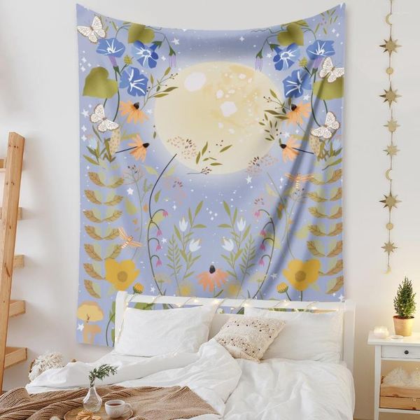 Tapices Bohemio Hippie Tapiz colgante de pared Luna Mandala Floral Alfombra Púrpura Dormitorio Cabecero Cortinas Boho Decoración para el hogar Yoga