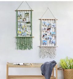 Tapices Bohemio Macrame Mundial Hanging PO Pantallas Organizador con clips de madera Tapestería tejida hecha al hogar Decoración del hogar