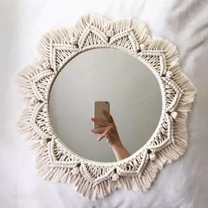 Tapisseries Boho Macramé Miroir Rond Miroirs Décoratifs Esthétique Chambre Décor Mur Suspendu pour Chambre Salon Maison Décoration 230701