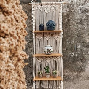 Tapisseries Boho macramé étagère murale suspendue à 3 niveaux tissé à la main gland bois organisateur étagères cintre flottant pour la décoration intérieure