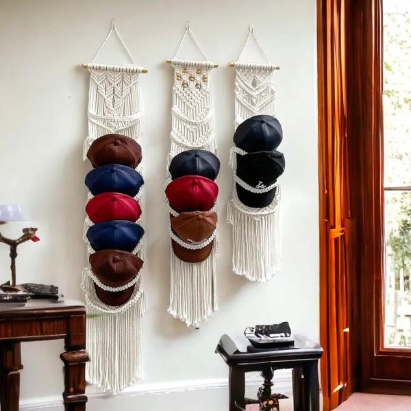 Tapices Boho Wall Hanging MacRame Organizador de sombrero para gorras Decoración del tapiz de tejido a mano Decoración del hogar