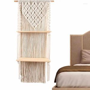 Tapestries boho muur hangende plank 2 banden macrame rustieke houten planken met handgemaakte geweven hanger chic kwastige hanger Boheemse kunst