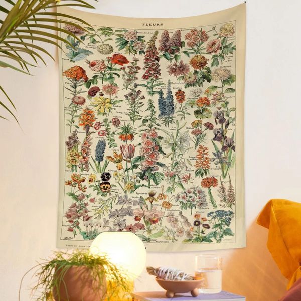 Tapices Estampado botánico Tapiz floral Colgante de pared Seta Vintage Boho Flor silvestre Vegetal Colorido Decoración del hogar 230928