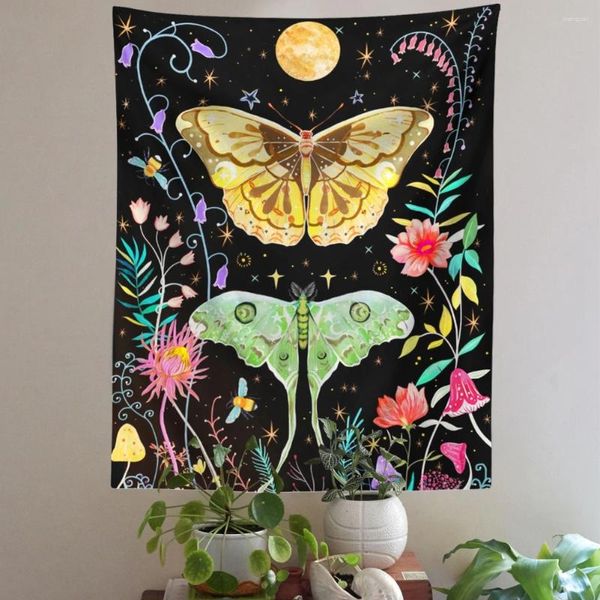 Tapisseries murales suspendues avec papillons et fleurs, lune, fleurs sauvages noires, esthétique pour chambre à coucher, dortoir